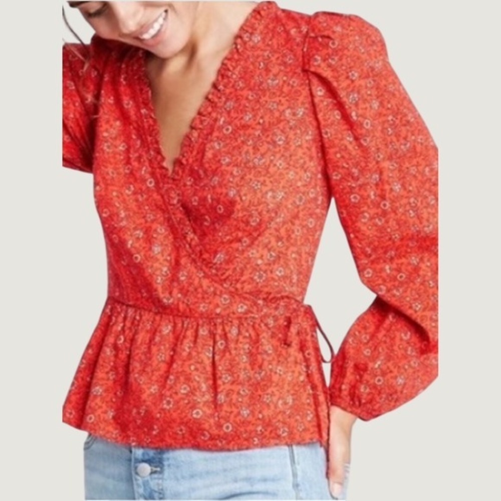 Universal Thread V Neck Floral Ruffle Trim Wrap Blouse Womens Medium Orange
